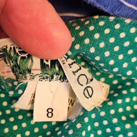 1980s Belle France Blue Stripe Cotton Midi Dress Puffy Sleeves Pockets Sz 6 - Picture 11 of 14